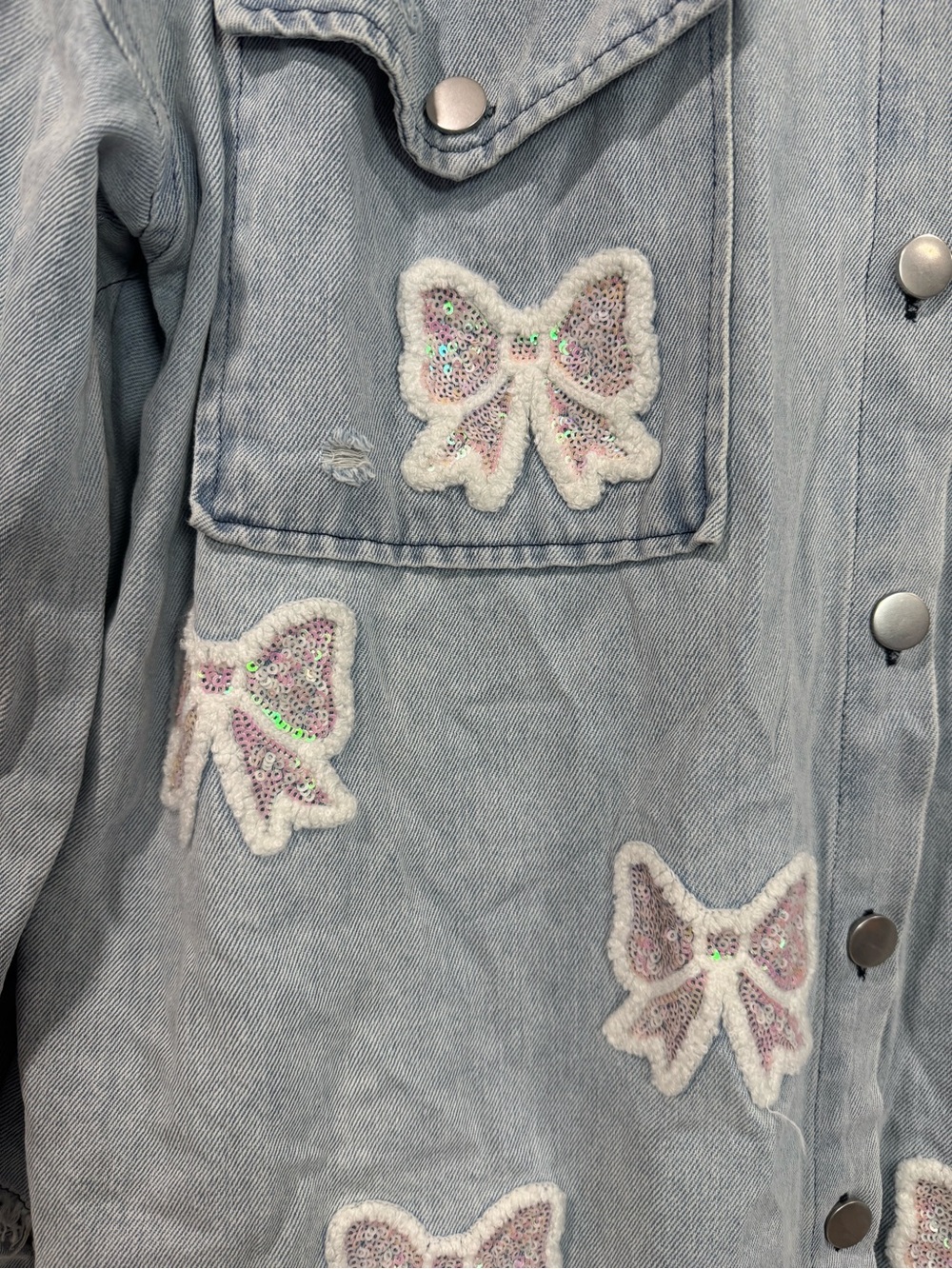 Bow Detail Frayed Denim Shacket - Picture 3 of 7
